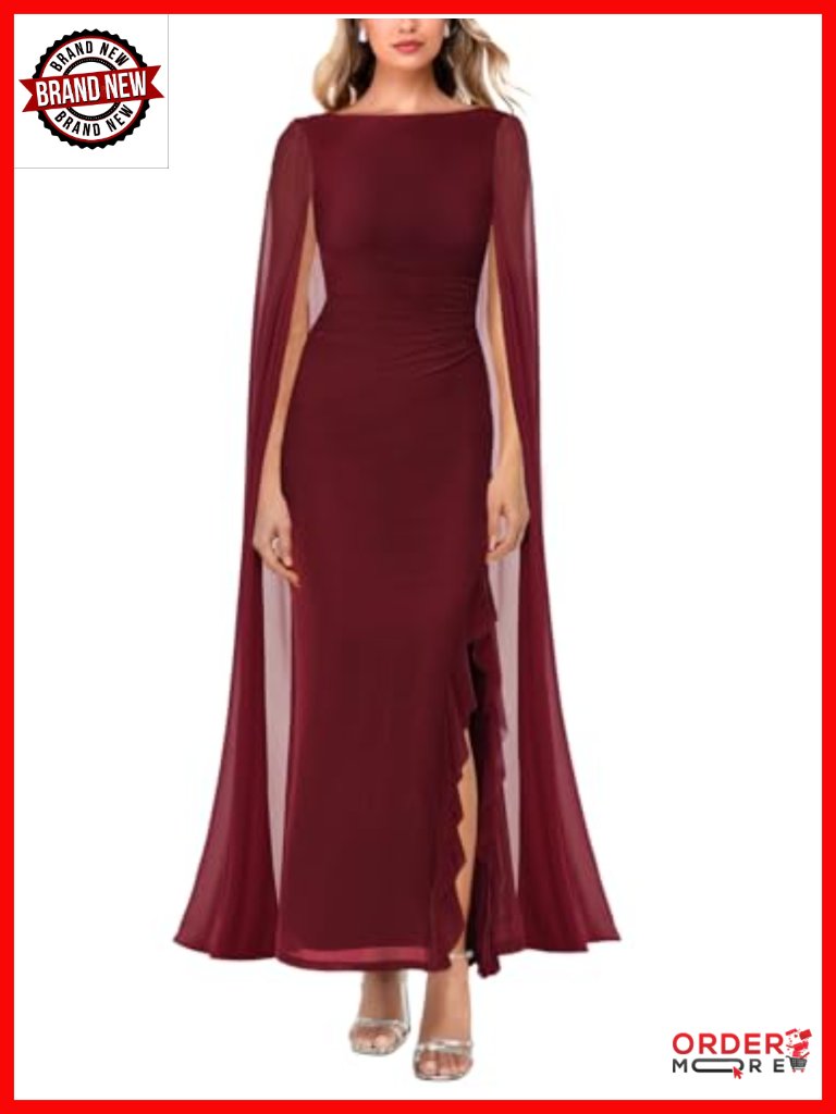 Elegant Long Sleeve High Split Mesh Ruched Maxi Dress With Cape